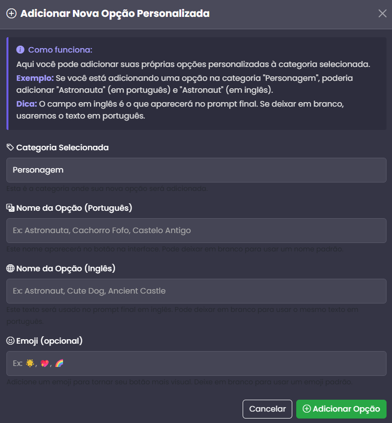 Adicionando opções personalizadas